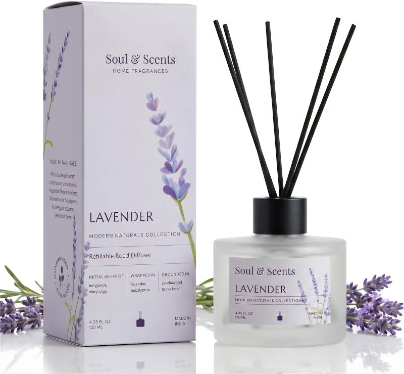 Soul & Scents Glass 120ml Lavender Reed Diffuser Set | Free 6 Fiber Reed Sticks | Stress Relief & Aromatherapy | Long-Lasting, Smoke-Free Air