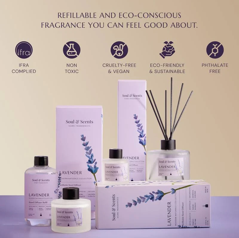 Soul & Scents Glass 120ml Lavender Reed Diffuser Set | Free 6 Fiber Reed Sticks | Stress Relief & Aromatherapy | Long-Lasting, Smoke-Free Air - Image 2