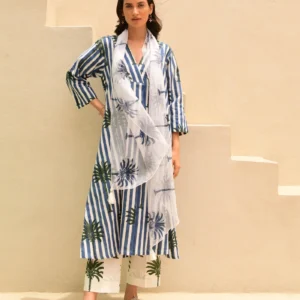 stripes and palm handblockprinted A-line kurta set of 3